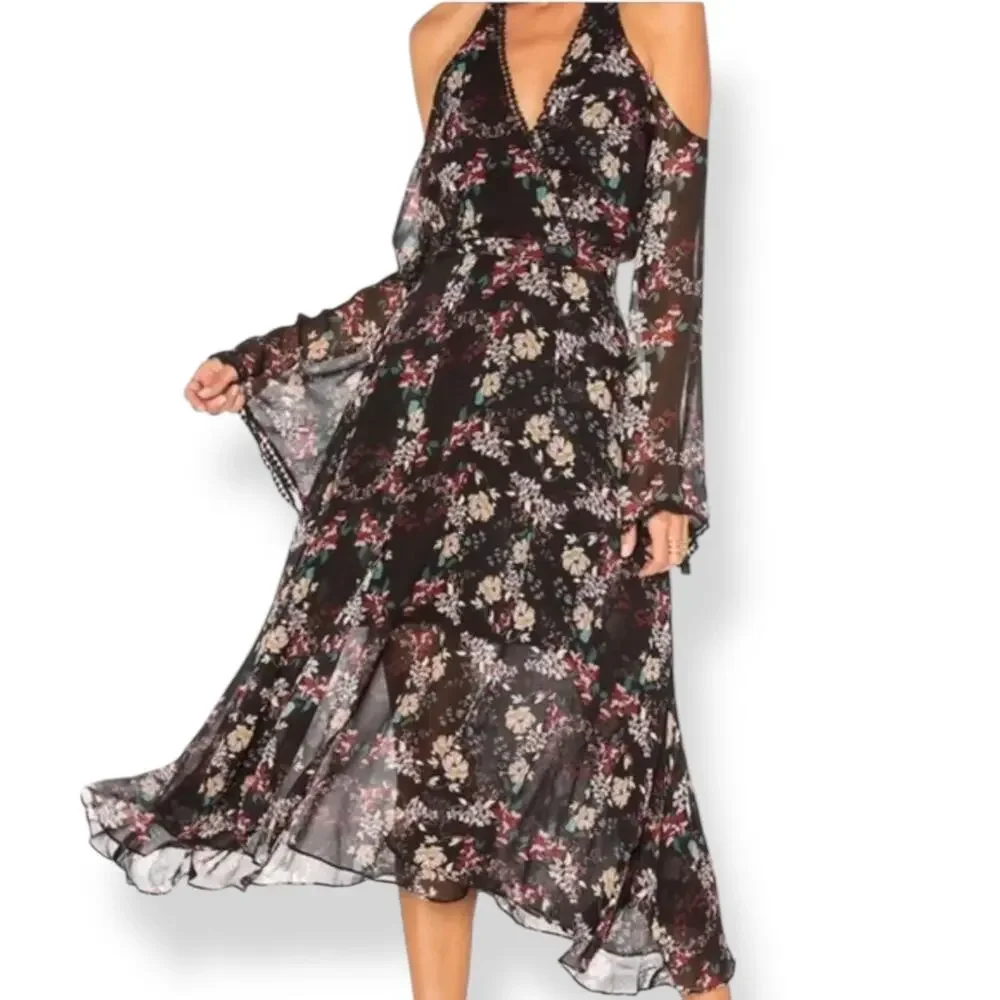 New w/Tags NICHOLAS pure silk floral flowing Goddess cold shoulder dress - Picture 2 of 16